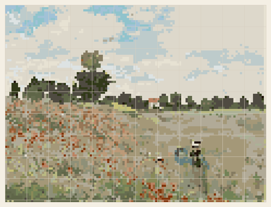 Poppy Field cross stitch chart, 120 by 91 stitches, 26 colors, DMC 813, 407, 734, 642, 822, 598, 523, 928, 3023, 3051, 927, 3011, 434, 612, 644, 611, 3013, 3021, 3363, 934, 520, 3371, 640, 3022, 3768, 918