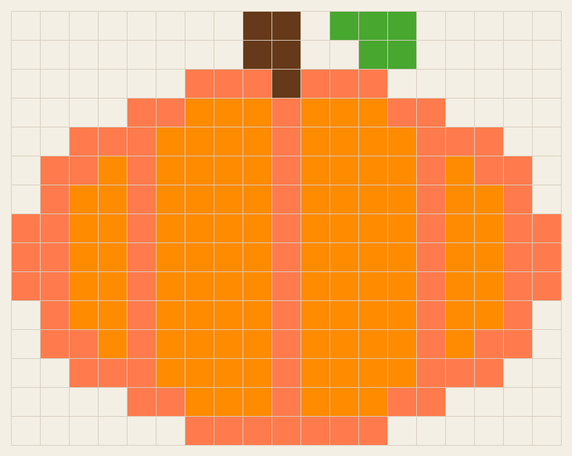 Pumpkin cross stitch chart, 19 by 15 stitches, four colors, DMC 947, 801, 702, 740