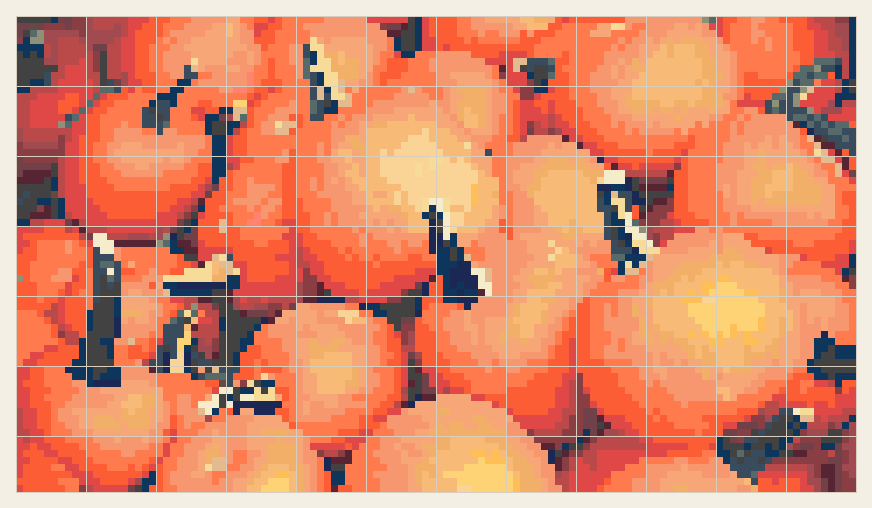 Pumpkin patch cross stitch chart, 120 by 68 stitches, 26 colors, DMC 437, 677, 3340, 722, 309, 3822, 743, 3721, 608, 3750, 402, 221, 924, 820, 947, 939, 3802, 350, 3855, 154, 3799, 779, 3854, 3827, 3022, 742