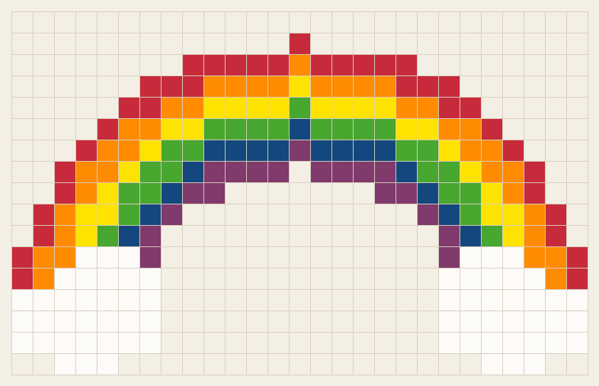 Rainbow cross stitch chart, 27 by 17 stitches, seven colors, DMC 321, 740, 973, White, 702, 797, 552