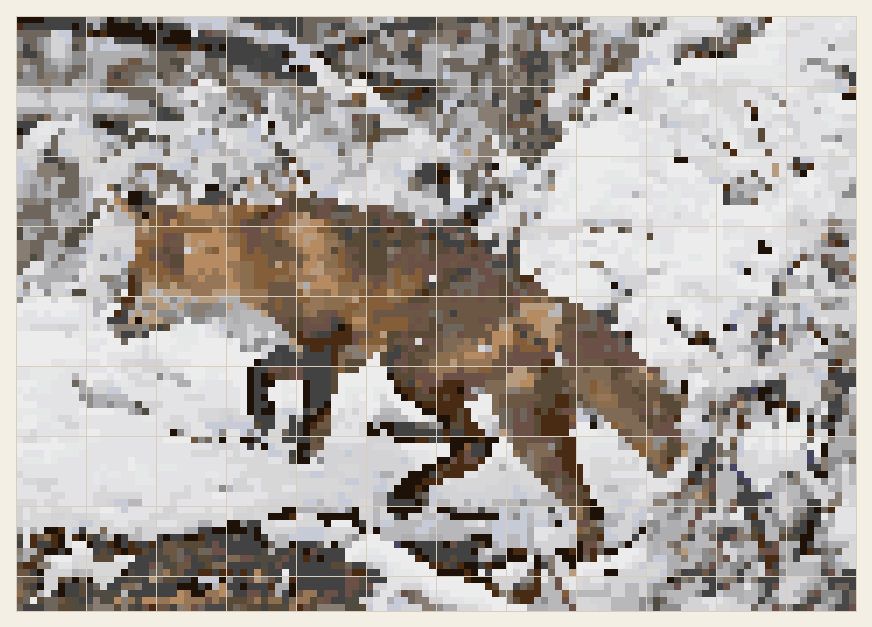 Red fox in the snow cross stitch chart, 120 by 85 stitches, 26 colors, DMC 3790, 3828, 3862, 415, 08, 869, 159, 3371, 762, 3781, 02, 838, 611, 414, 01, 898, 3021, 3799, 3072, 646, 645, 791, 04, 03, 844, 841