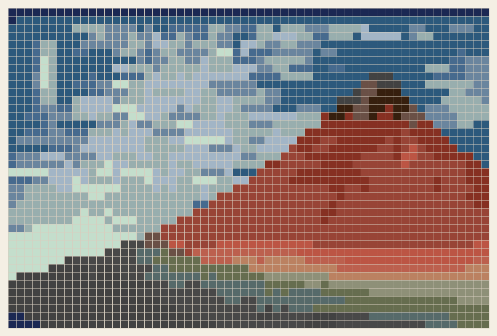 Red Fuji cross stitch chart, 60 by 40 stitches, 19 colors, DMC 803, 520, 938, 3830, 3022, 926, 798, 931, 924, 844, 355, 22, 08, 932, 939, 407, 504, 3777, 3799