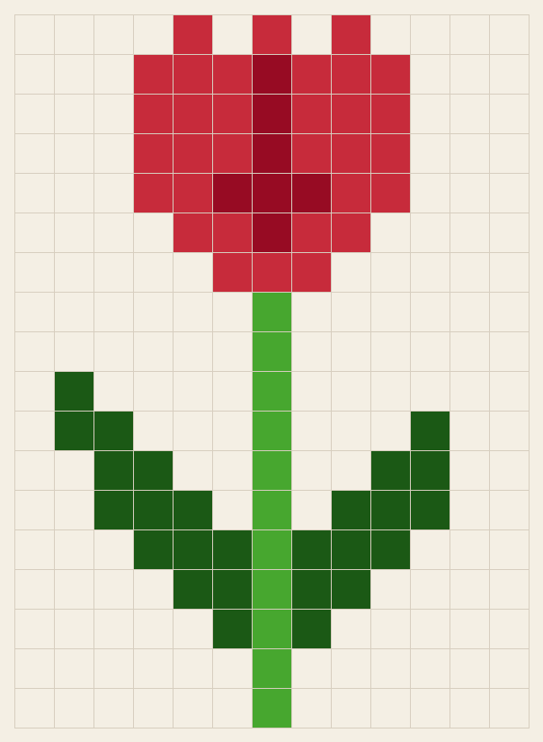 Red tulip cross stitch chart, 13 by 18 stitches, four colors, DMC 3345, 702, 816, 321