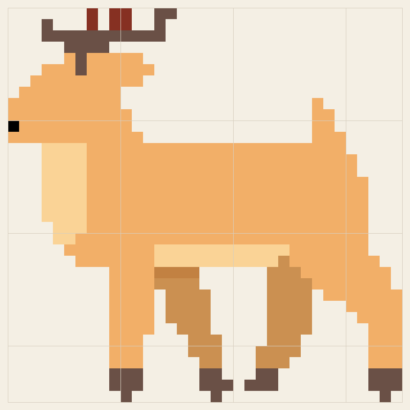 Reindeer cross stitch chart, 35 by 35 stitches, seven colors, DMC 436, 3855, 08, 3854, 3777, 310, 976
