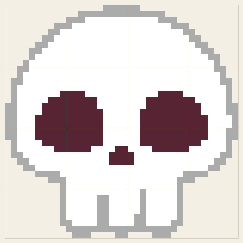 Skull cross stitch chart, 38 by 38 stitches, three colors, DMC 154, 318, B5200