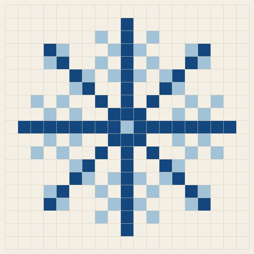 Snowflake cross stitch chart, 19 by 19 stitches, two colors, DMC 813, 797