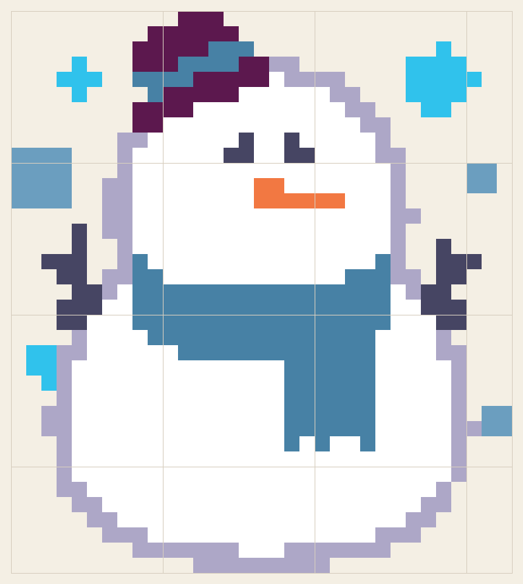 Snowman cross stitch chart, 33 by 37 stitches, eight colors, DMC 825, 340, 550, B5200, 791, 721, 826, 996