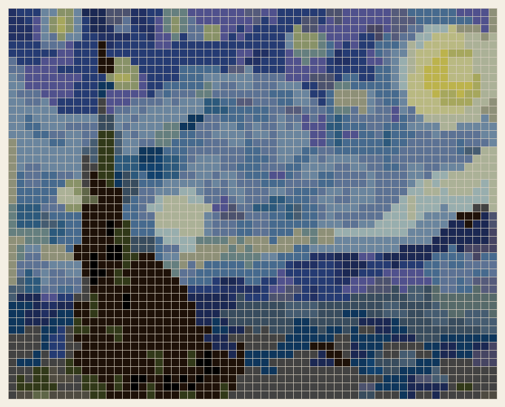The Starry Night cross stitch chart, 60 by 48 stitches, 30 colors, DMC 3052, 310, 733, 931, 3750, 3013, 934, 3768, 798, 523, 3371, 926, 158, 820, 3021, 3838, 823, 803, 336, 3022, 930, 939, 791, 31, 3799, 3012, 796, 3051, 924, 792