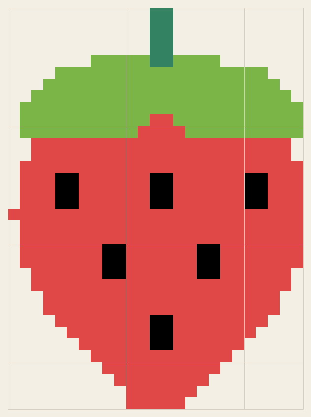 Strawberry cross stitch chart, 25 by 34 stitches, four colors, DMC 703, 310, 505, 350