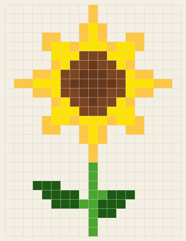 Sunflower cross stitch chart, 19 by 25 stitches, six colors, DMC 725, 433, 3345, 973, 801, 702