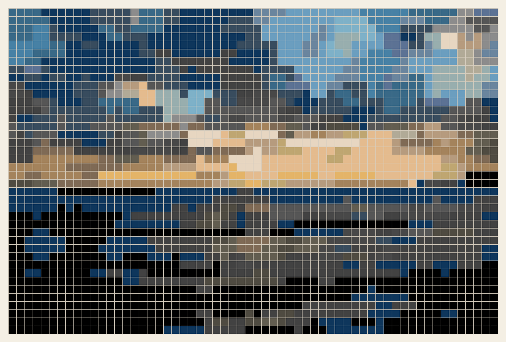 Sunset over the sea cross stitch chart, 60 by 40 stitches, 24 colors, DMC 371, 519, 820, 844, 414, 3787, 825, 3799, 3790, 3750, 3021, 728, 3863, 310, 926, 3047, 413, 841, 931, 824, 437, 826, 3023, 3838