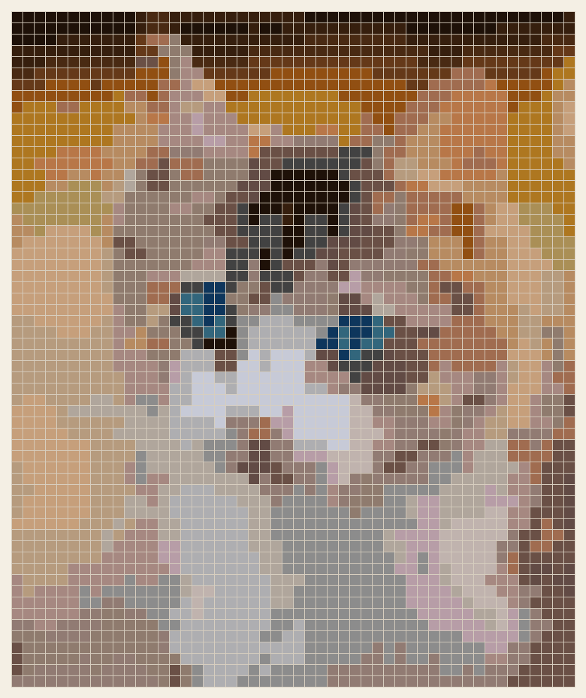 Tabby cat portrait cross stitch chart, 50 by 60 stitches, 26 colors, DMC 779, 452, 820, 451, 782, 159, 938, 975, 3861, 647, 07, 3828, 801, 3772, 414, 435, 3799, 422, 3371, 3042, 08, 3842, 04, 841, 831, 898