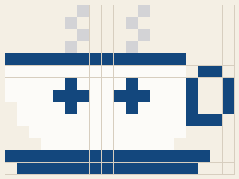 Teacup cross stitch chart, 19 by 14 stitches, three colors, DMC 797, 415, White