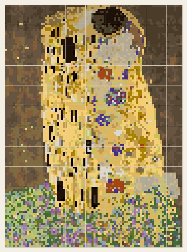 The Kiss cross stitch chart, 88 by 120 stitches, 30 colors, DMC 310, 794, 32, 3821, 3829, 989, 3346, 734, 838, 372, 3820, 869, 209, 3023, 645, 839, 471, 644, 829, 3371, 904, 16, 33, 832, 3031, 919, 355, 3834, 31, 3838
