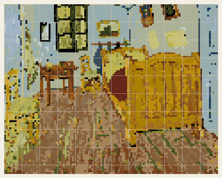 The Bedroom cross stitch chart, 120 by 95 stitches, 28 colors, DMC 975, 3857, 3750, 869, 733, 734, 781, 934, 523, 780, 3863, 936, 3013, 3012, 820, 926, 310, 932, 3829, 801, 730, 433, 580, 3862, 680, 927, 729, 898