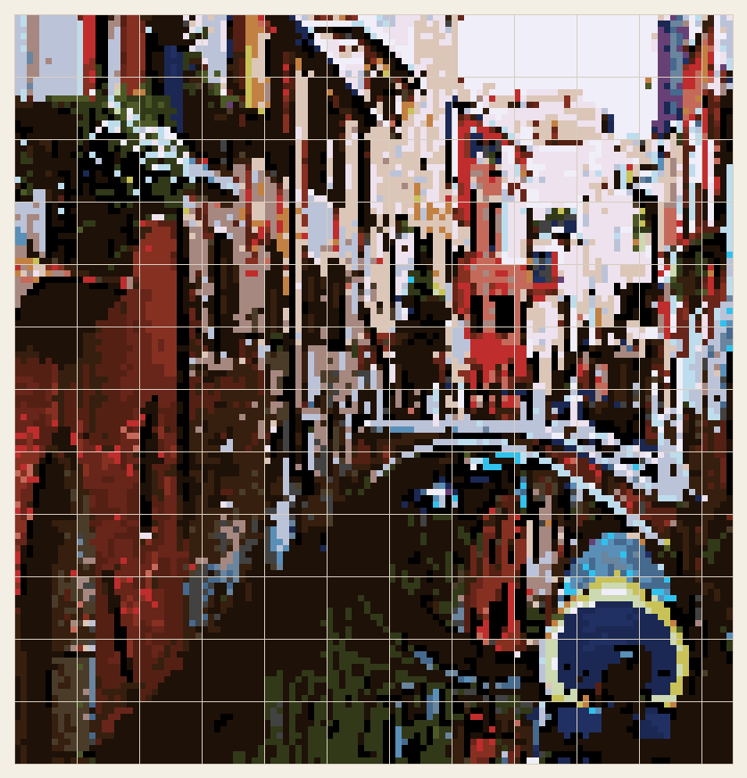 Venice canal cross stitch chart, 115 by 120 stitches, 28 colors, DMC 823, 322, 3348, 310, 3857, 976, 347, 827, 938, 3861, 09, 939, 798, 934, 996, 3371, 3799, 356, 27, 3777, 3031, 23, 936, 06, 157, 29, 16, 931