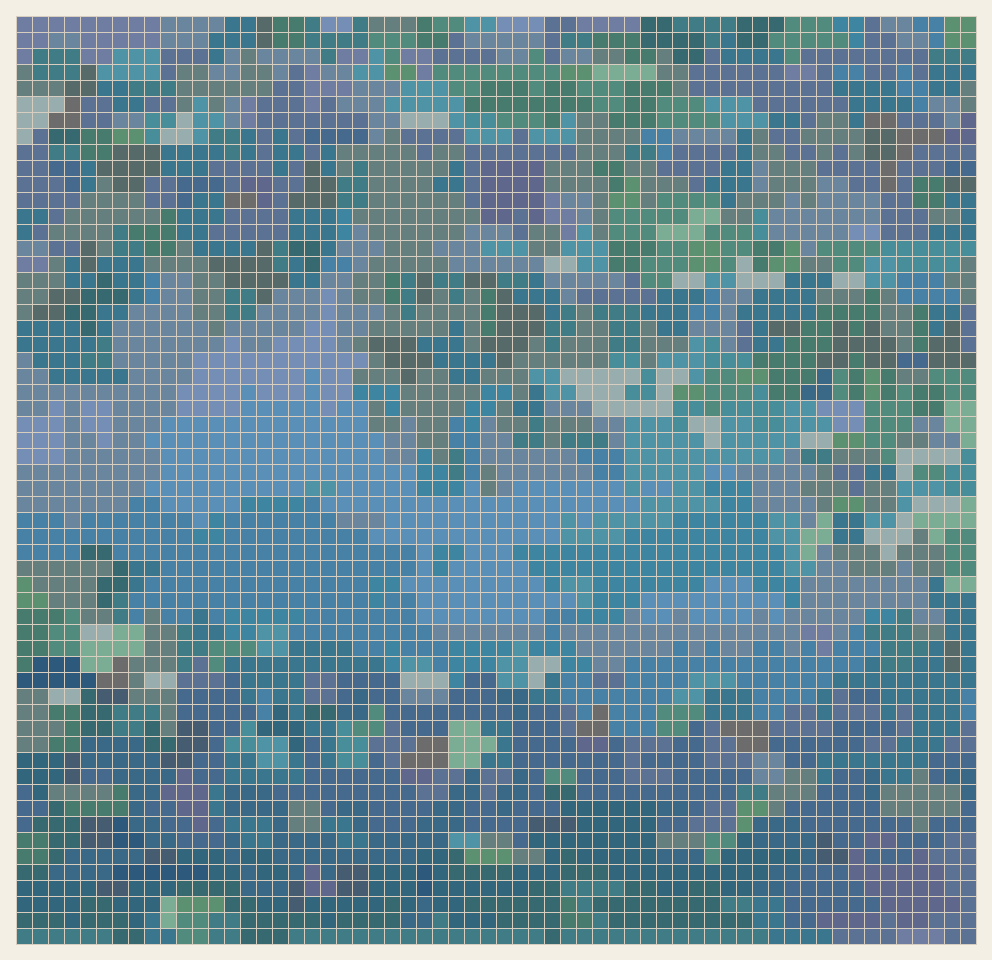 Water Lilies cross stitch chart, 60 by 58 stitches, 26 colors, DMC 3810, 503, 317, 931, 3809, 3807, 991, 824, 517, 3814, 3838, 3760, 793, 3842, 3768, 799, 926, 825, 3808, 924, 518, 803, 322, 798, 930, 502