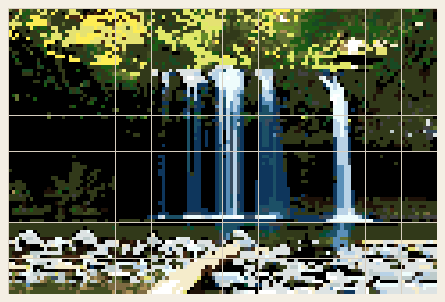 Waterfall cross stitch chart, 120 by 80 stitches, 26 colors, DMC 898, 3750, 831, 934, 3756, 3799, 937, 890, 928, 311, 820, 677, B5200, 17, 310, 927, 322, 935, 3819, 307, 3345, 500, 3325, 3371, 905, 829