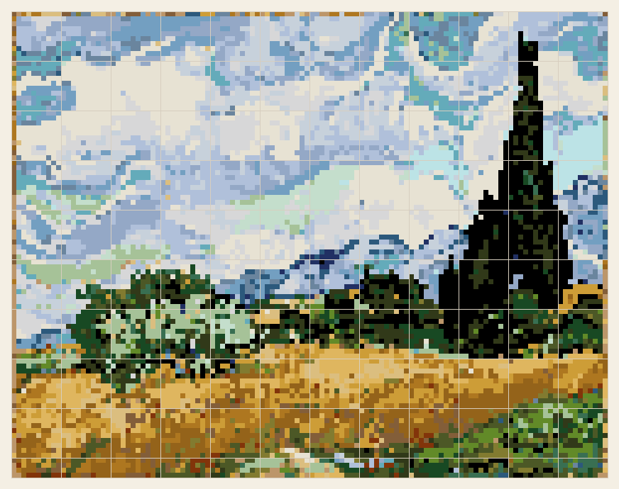 Wheat Field with Cypresses cross stitch chart, 120 by 94 stitches, 28 colors, DMC 905, 869, 803, 310, 3852, 834, 890, 782, 3840, 368, 02, 3820, 3811, 334, 823, 822, 504, 931, 3752, 936, 807, 780, 501, 934, 809, 918, 3045, 730