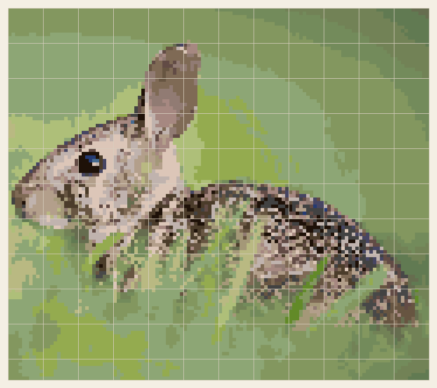 Wild rabbit cross stitch chart, 120 by 106 stitches, 26 colors, DMC 3371, 844, 336, 3364, 3013, 367, 779, 839, 470, 3790, 988, 642, 3799, 06, 989, 3031, 451, 3363, 3861, 520, 3032, 798, 452, 471, 905, 791