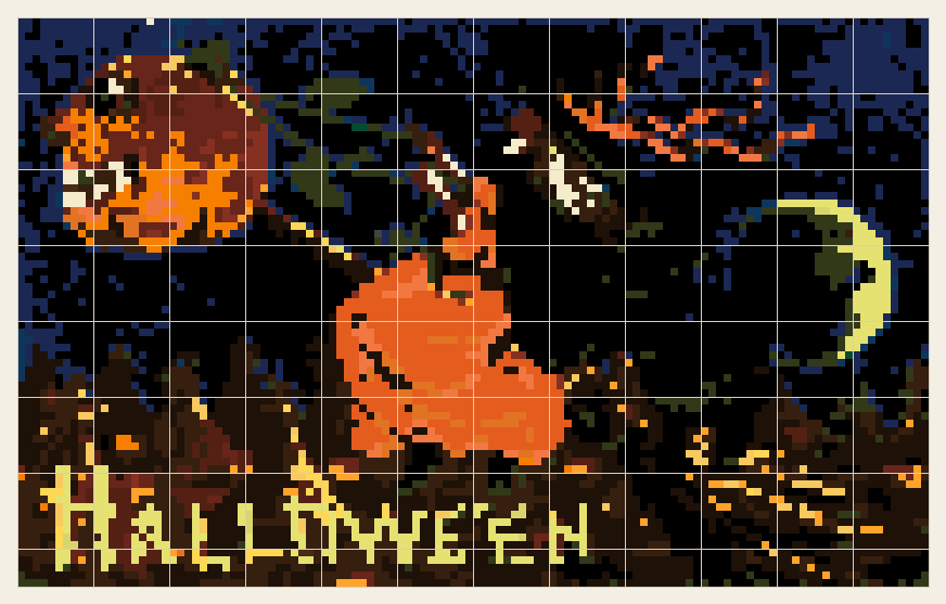 Witch and jack-o-lantern cross stitch chart, 120 by 75 stitches, 22 colors, DMC 500, 3799, 3371, 971, 18, 19, 741, 939, 721, 938, 922, 898, 09, 310, 820, 726, 720, 3777, 677, 3857, 17, 934