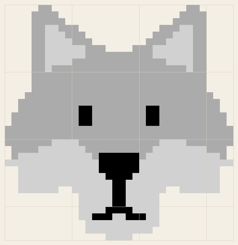 Wolf cross stitch chart, 34 by 35 stitches, three colors, DMC 168, 310, 318