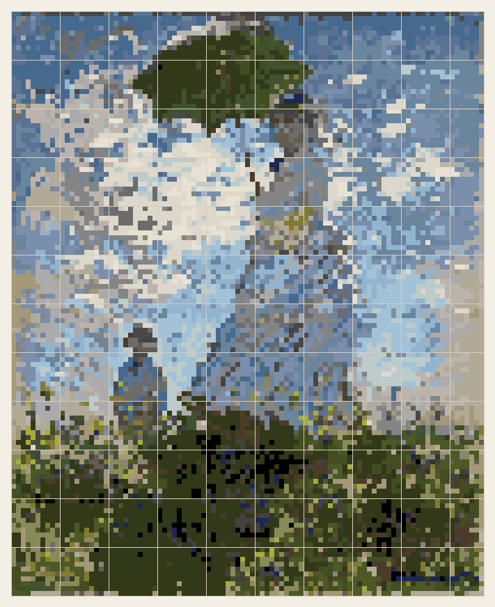 Woman with a Parasol cross stitch chart, 97 by 120 stitches, 28 colors, DMC 986, 844, 3787, 931, 813, 3031, 317, 935, 3839, 648, 169, 3838, 3799, 927, 581, 934, 936, 3011, 798, 3023, 642, 3755, 730, 318, 644, 939, 310, 822
