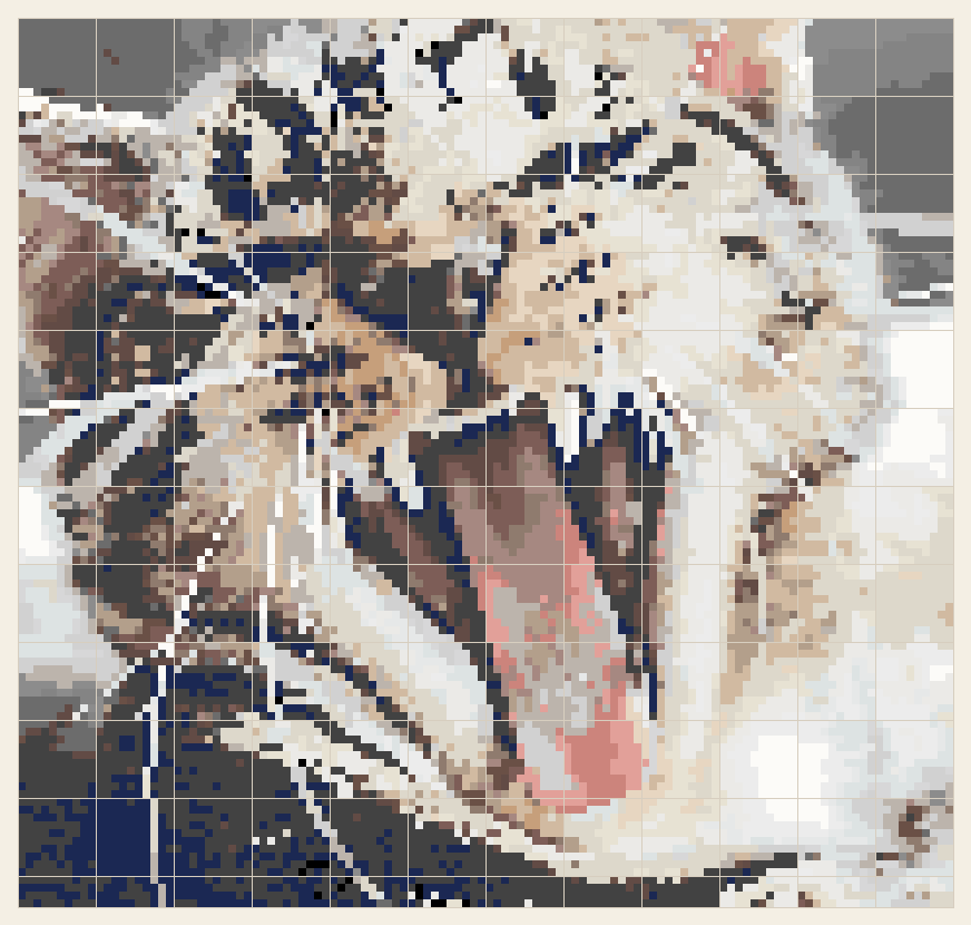 Yawning kitten cross stitch chart, 120 by 114 stitches, 27 colors, DMC 3072, 414, 152, 644, 779, 169, White, 3860, 3024, 3032, 939, 822, 08, 928, 3799, 3047, 07, 842, 762, 3861, 317, 422, 648, 168, 310, 02, 223